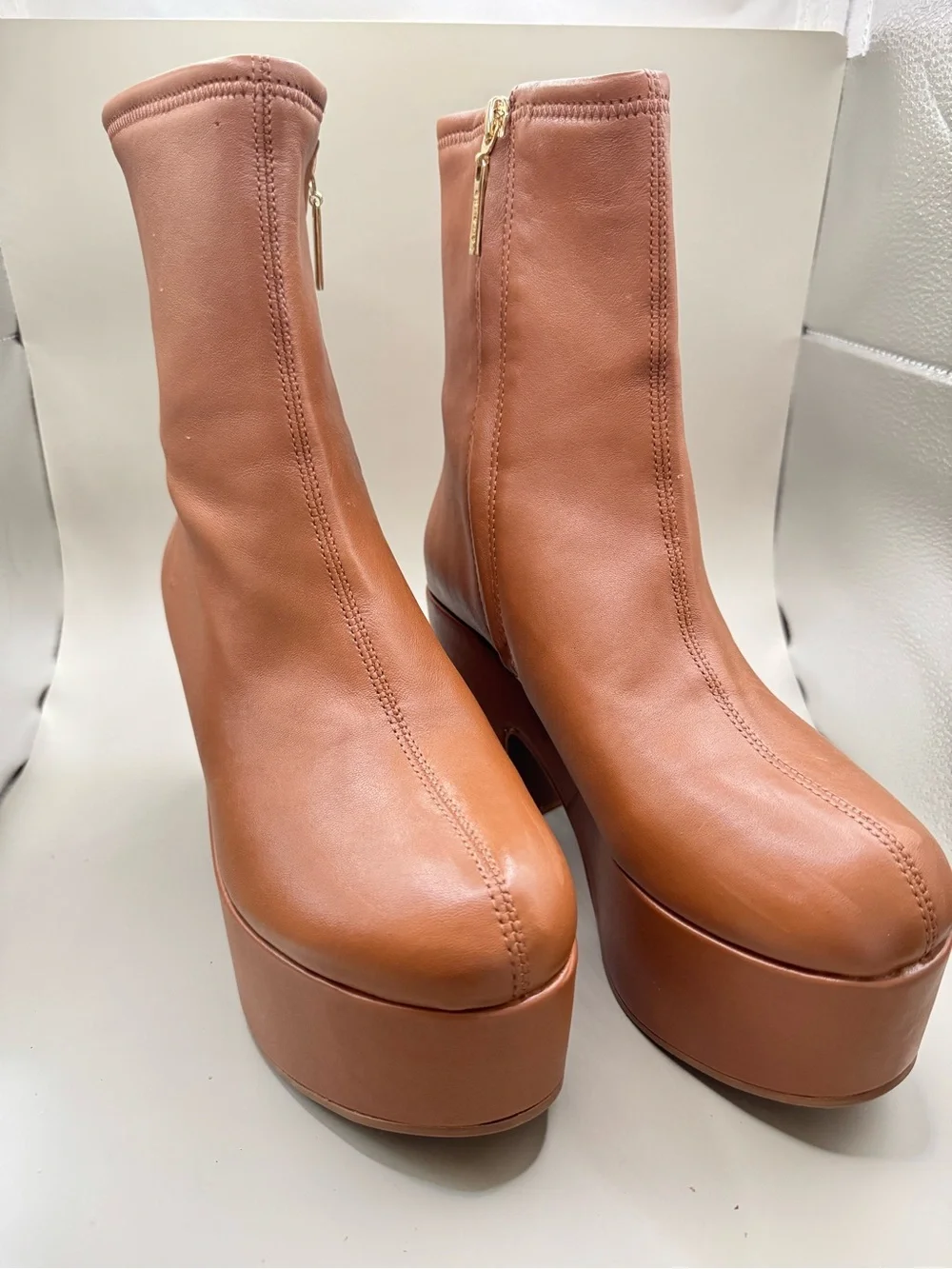 Women’s Tan Leather Platform Ankle Boots with Gold Zipper